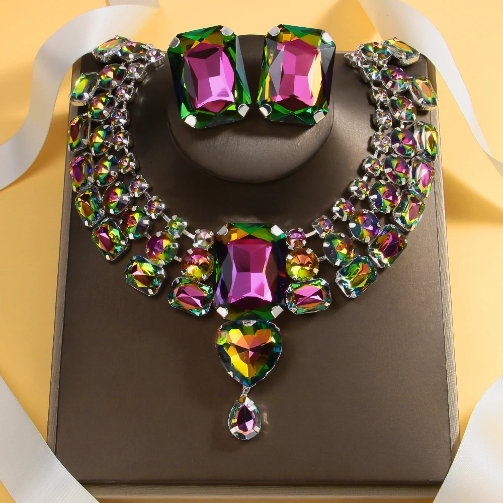 Stonefans Colorful Exaggerate Necklace Earrings Set Chunky Accessories Geometric Rhinestone Nigerian Jewelry Set Wedding Gift