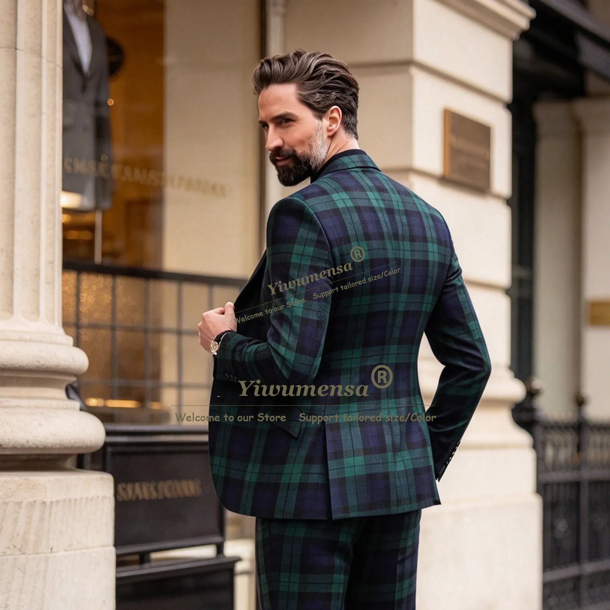 Classic Business Suit Men Formal Wear Houndstooth Plaid Check Single Breasted Jacket Pants 2 Piece Sets Man Daily Party Tuxedo