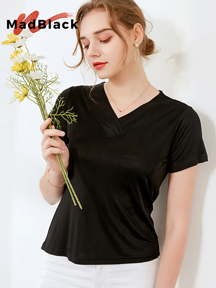 

MadBlack-25%Silk 75%Viscose Elegant Knit T-Shirt, Short Sleeve Solid, Women Fashion Casual Thin Top, 2026 Summer New T64749CC
