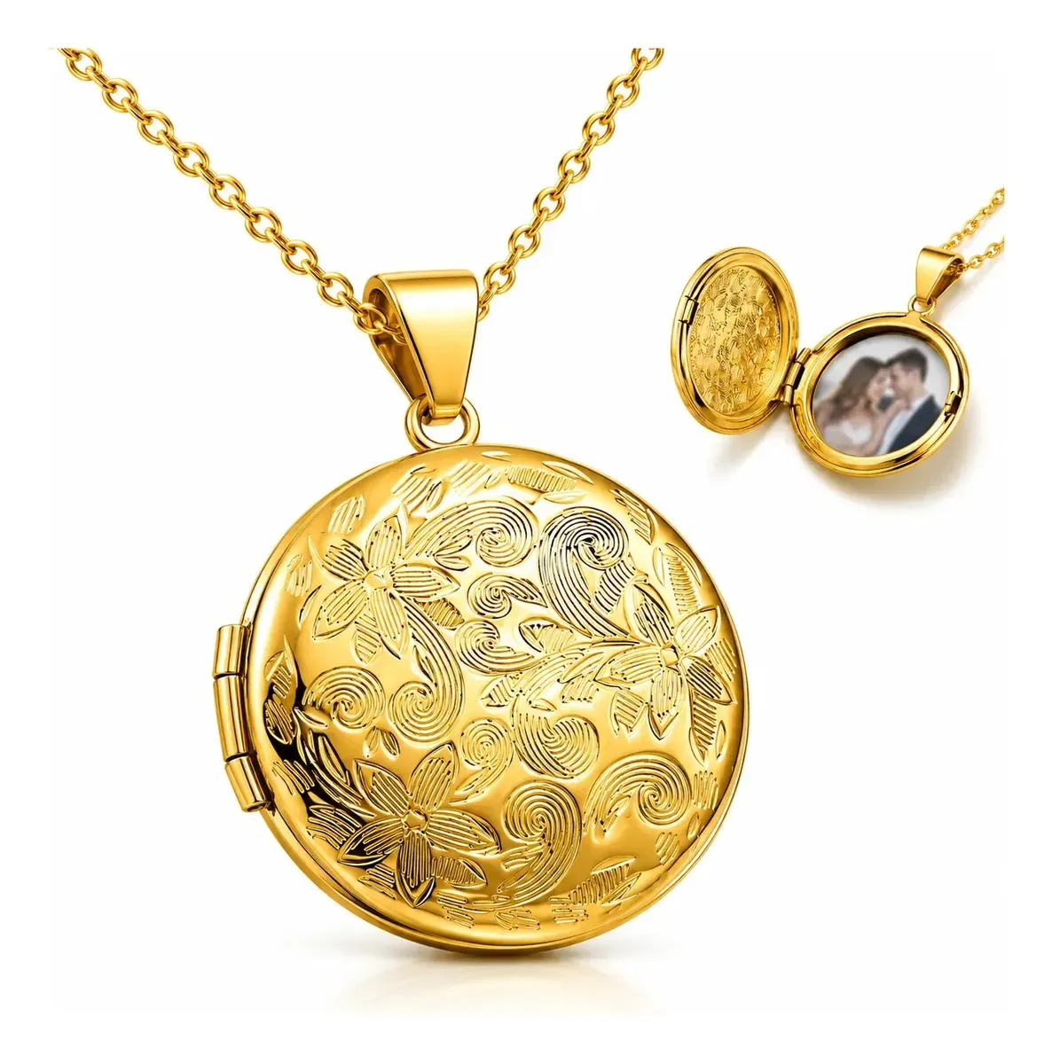 Personalized Custom Photo Locket Necklace for Women Men, Engraved Round Picture Pendant, Gold Silver Memorial Jewelry Gift view 6
