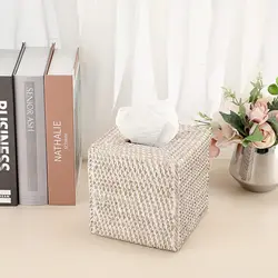 Rattan Nordic Square Tissue Boxes Storage Napkin Holder Paper Case Organizer Ornament Craft Desktop Tissue Holder Tissue Box