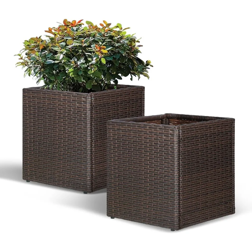 

Set of 2 Large Square Planter with Removable Liner, All-Weather PE Rattan Modern Planters Indoor Outdoor Flower Plant