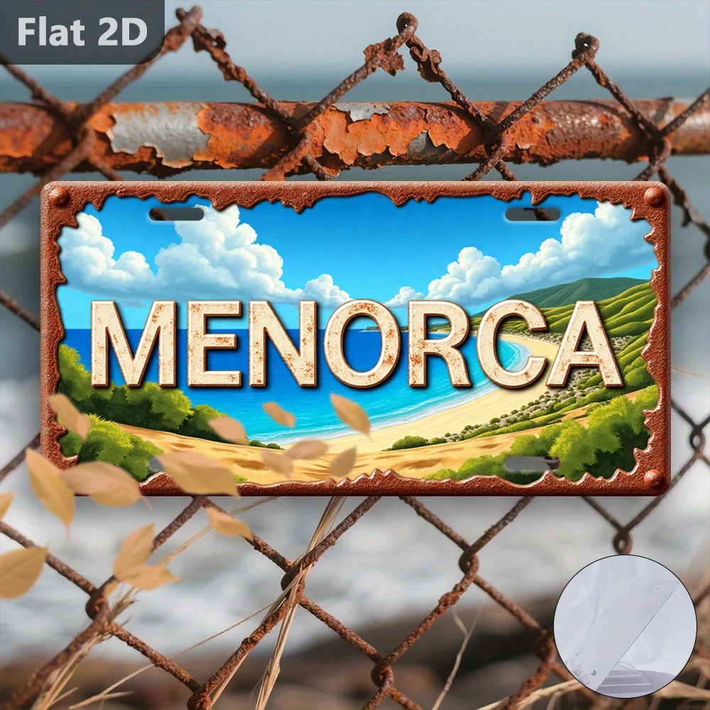 2D Flat - A Vintage Sign Featuring a 2D, Measuring 30.48 cm by 14.99 cm, Depicting Menorca Beach in Spain. This Travel Souvenir
