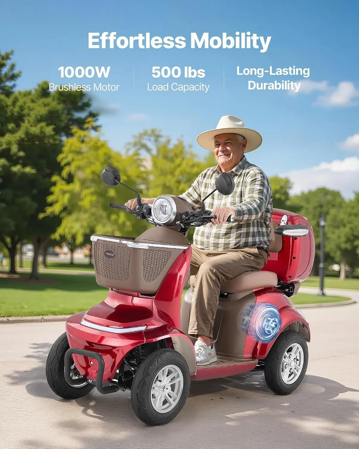 VEVOR Heavy Duty 4-Wheel Mobility Scooter, Powerful 1000W Brushless Motor, 500 lbs Capacity, 21.5 Miles Long Range, All Terrain