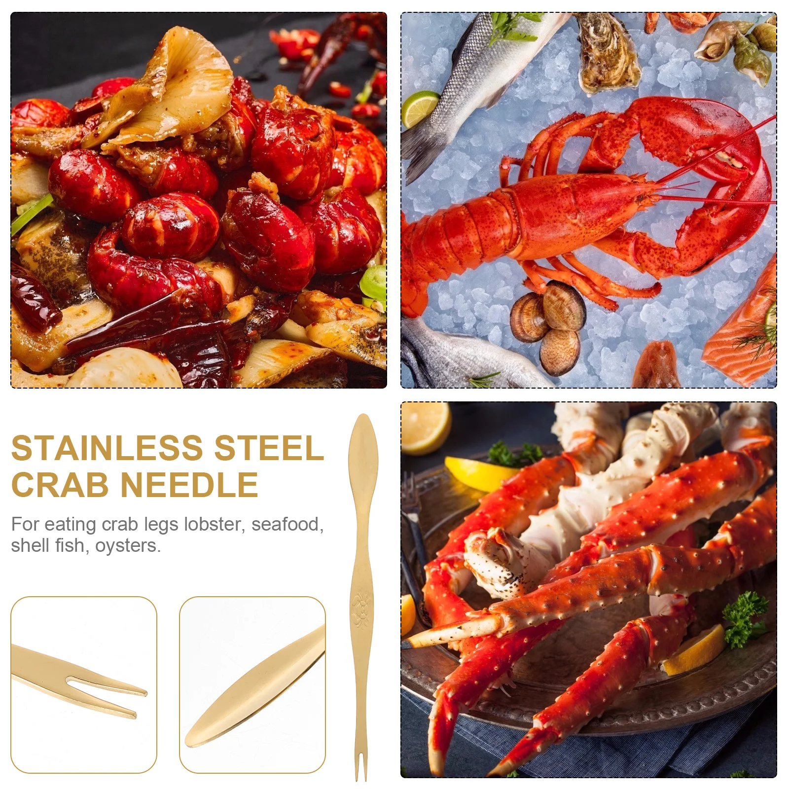 

6pcs Stainless Steel Crab Needle Spoon Fork Food Picks Golden Silverware Seafood Tool for Lobster Oysters Shellfish Eating