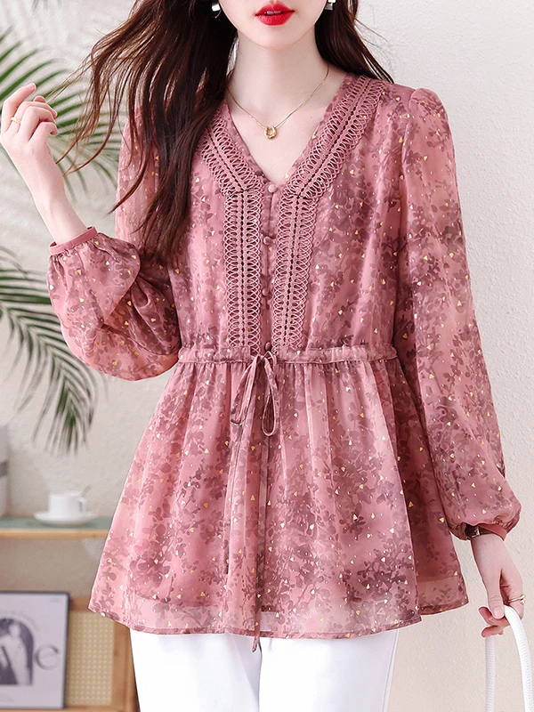 

Spring 2026 Fashionable Floral V-Neck Women's Chiffon Shirt Slimming Waist Design Versatile Straight Cut Long Sleeve Casual Top