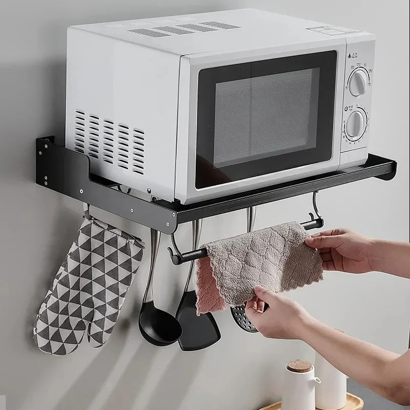 

Aluminum Microwave Oven Shelf Kitchen Rack Black Wall-mounted Oven Hanging Wall Storage Rack Bracket with 5 Hooks