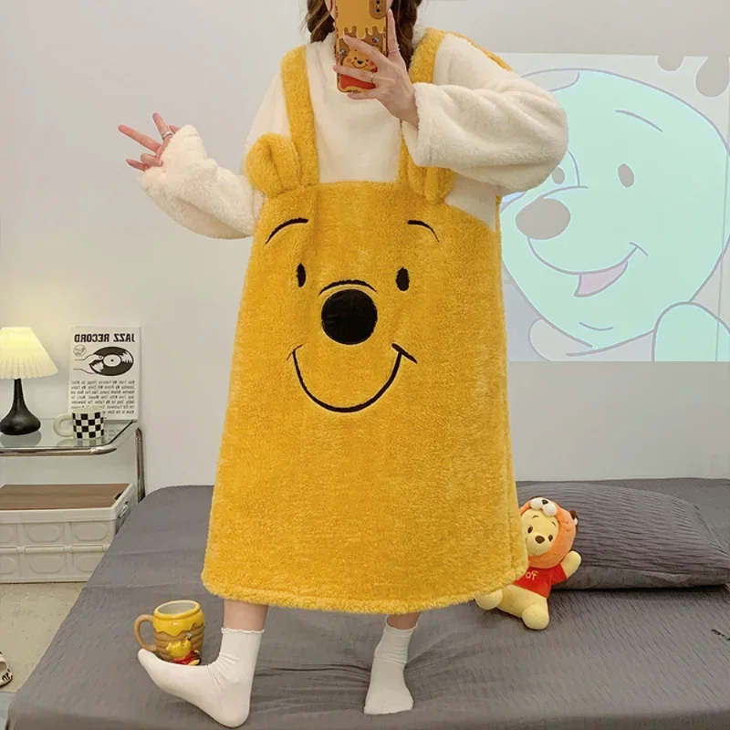 Cartoon Winnie the Pooh Dress Winter Cotton Long Sleeve Robe Skirt Women's Casual Warm Pajamas New Casual Disney Women's Dress