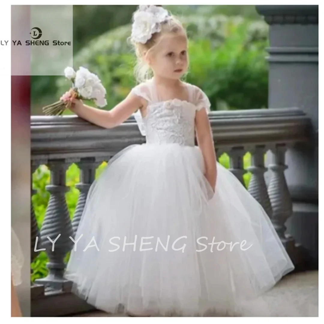 Pure White Tulle Lace Printing Sling First Communion Kids Surprise Birthday Present Flower Girl Dress Princess Dress Ball