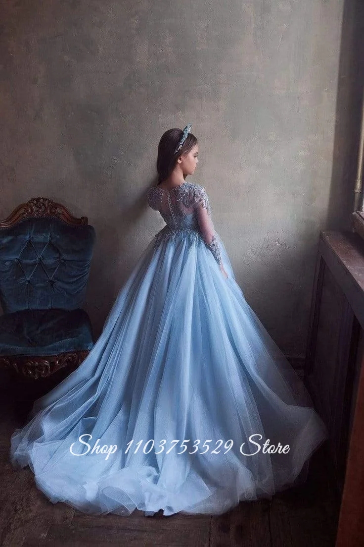 Custom Sky Blue Flower Girl Dress Floral Print with Crystal Beading Formal Occasion Dress Birthday Party Dress Flower Girl Dress