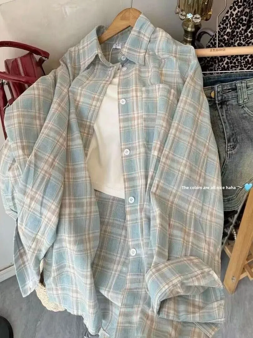 

Retro Pure Cotton Plaid Long Sve irt Women's Loose Lightweight Summer New Sle Faionable Outerwear Korean Sle