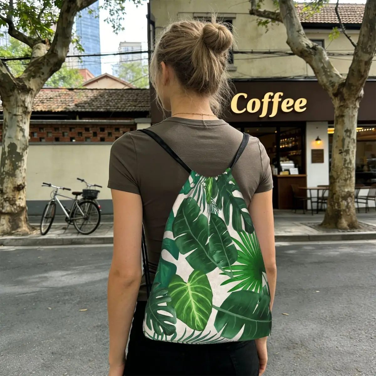 Green Tropical Jungle Leaf Print Backpacks Fashion Drawstring Bundle Pocket Sports Bag Book Bags for Man Woman Students