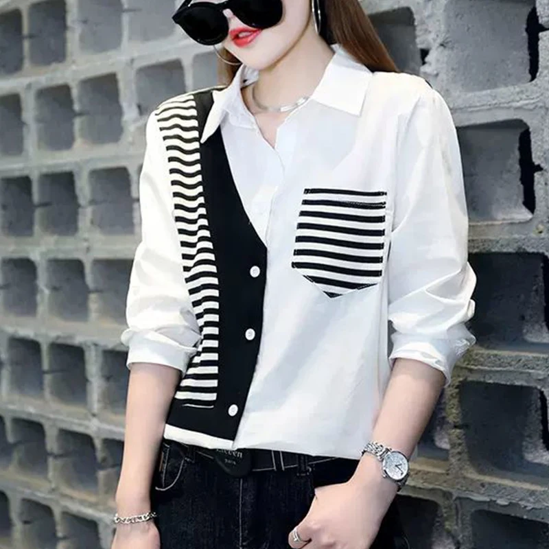 Summer Polo-neck Striped Patchwork Long Sleeve Cardigan Shirt Women Casual Fashion Top Lady Oversized Streetwear Vintage Blouse