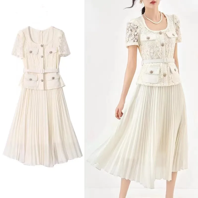 Runway Elegant Summer Pleated Midi Dress New Vintage Women Weave Square Collar Lace Patchwork Chiffon Buttons Belt Party Vestido