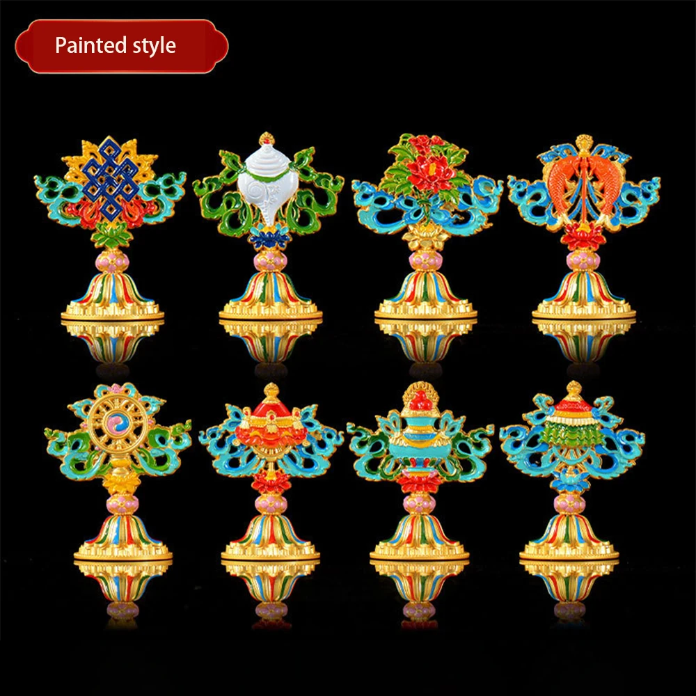 Tibetan eight-auspicious ornament sets, Double-sided relief painted auspicious eight treasures, Home Decor Buddhist ornaments