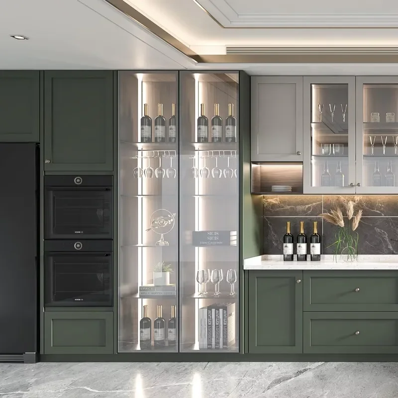 Reliable Moisture Proof Multi Layer Structure White Green Solid Wood Kitchen Cabinet for Apartment