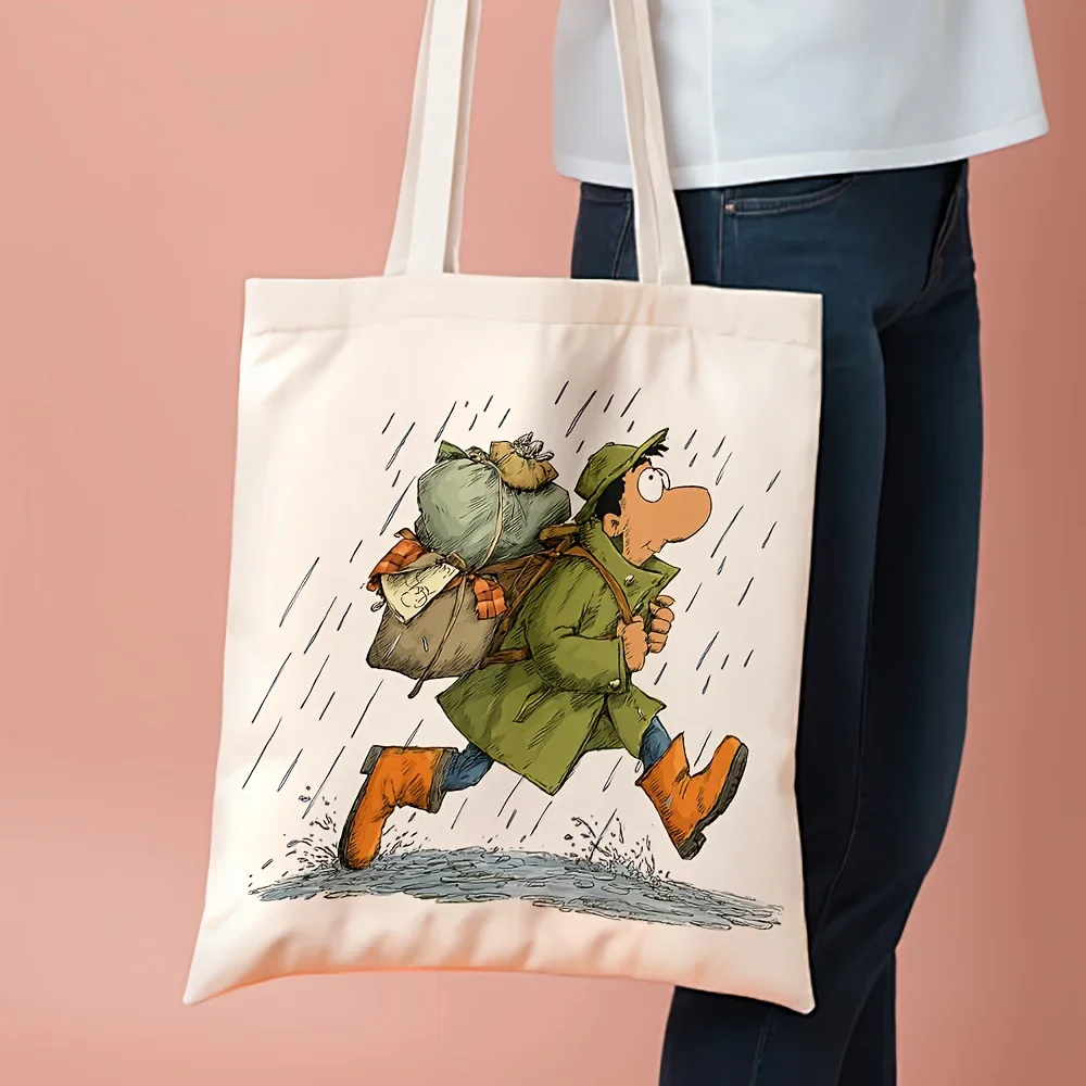 1pc Large Canvas Tote Bag with Rainy Day Peanuts Comic Strip Design - Beige & Green Retro Vintage Grocery Shopping Bag, Durable