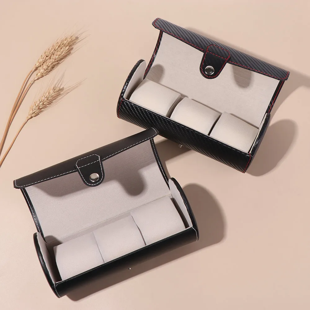 

Portable Watch Storage Box PU Leather Gift Watch Display Case 3 Slots Cylinder Type Watch Roll Travel Case Watches Organizer