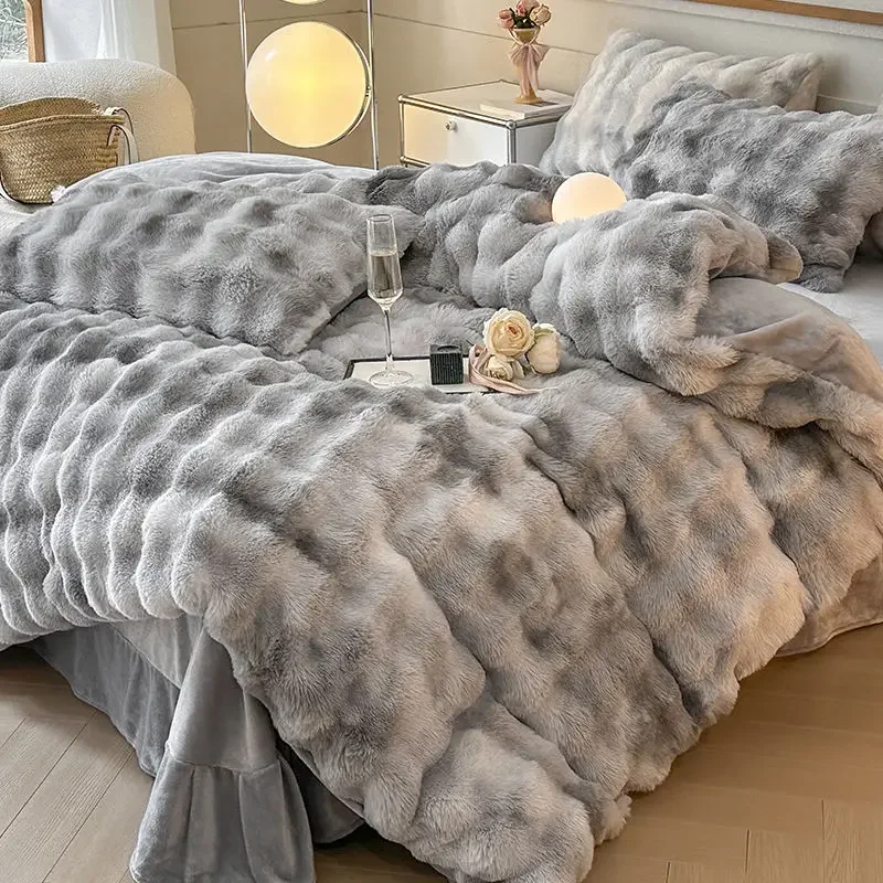 

Winter Imitation Rabbit Plush Duvet Cover Set Warm Solid Flat Sheet Pillowcase Thicken Home Bedding Set Korean Style Winter Soft