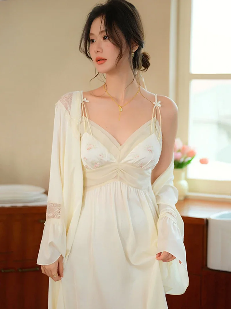 French Sexy Robe Gown Fairy Nightgown Two-piece Set Women Spring Chiffon Mesh Vintage Princess Pajama Sleepwear Home Clothing