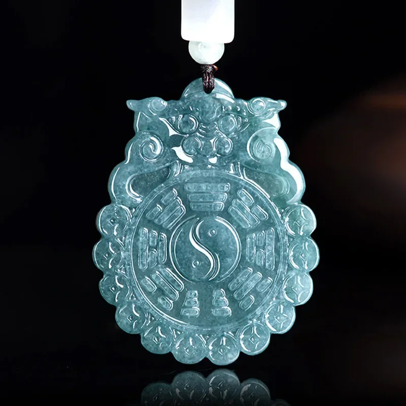 100% Natural A-goods Jadeite Blue Water Gossip Jade Pendant Double-sided Carving Pendant Men and Women Models Gift Jade Necklace