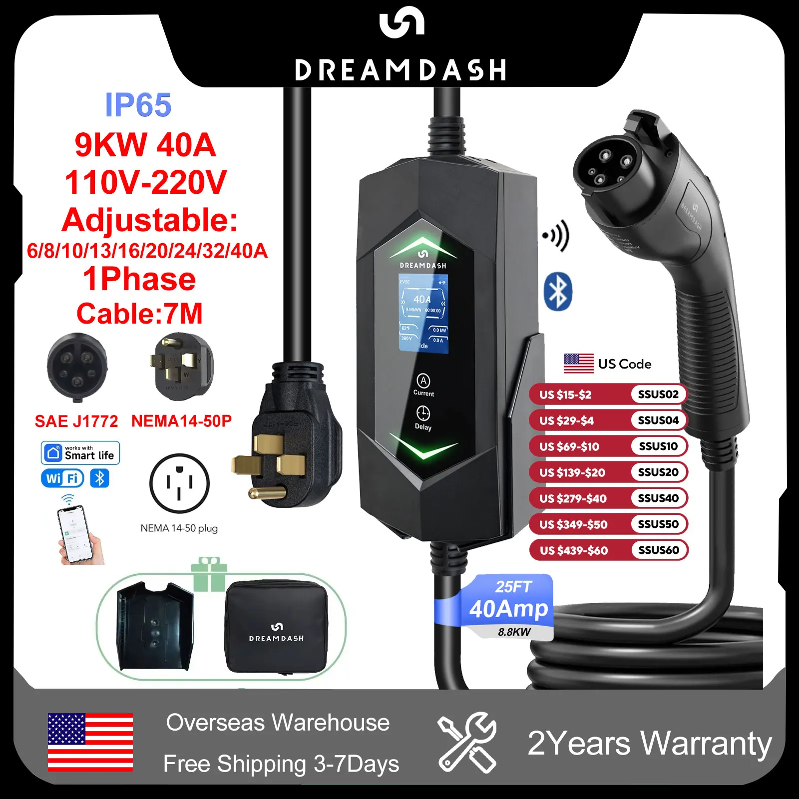 

Dreamdash SAE J1772 Type1 1Phase 40A 9KW Portable Charger Protection Wi-Fi Bluetooth APP Control Electric Vehicle Charger