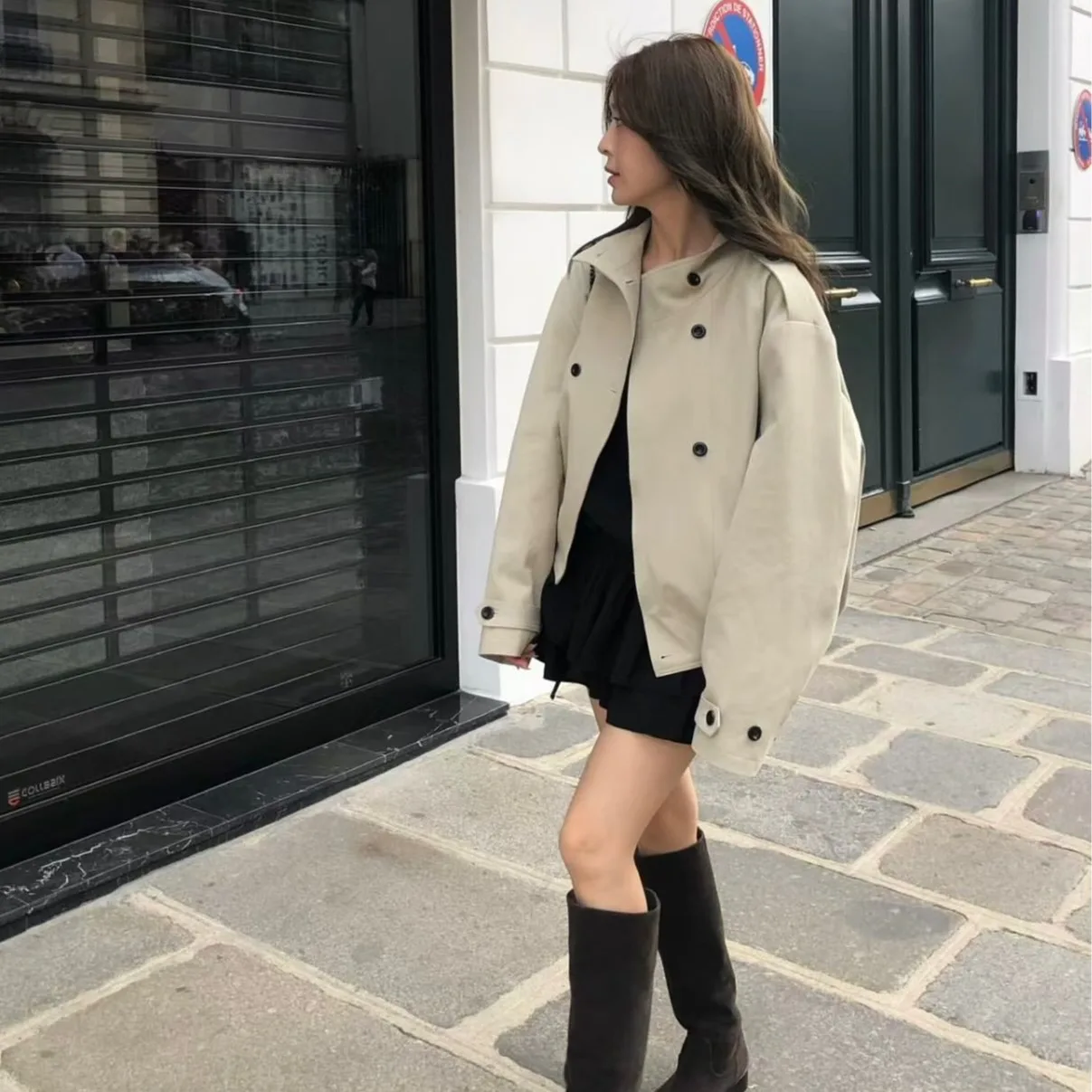 Casual Loose Cotton Workwear Jacket Double Row Buttons Stand Collar Korean Chic Early Autumn Fashion Small Size Women's Coat