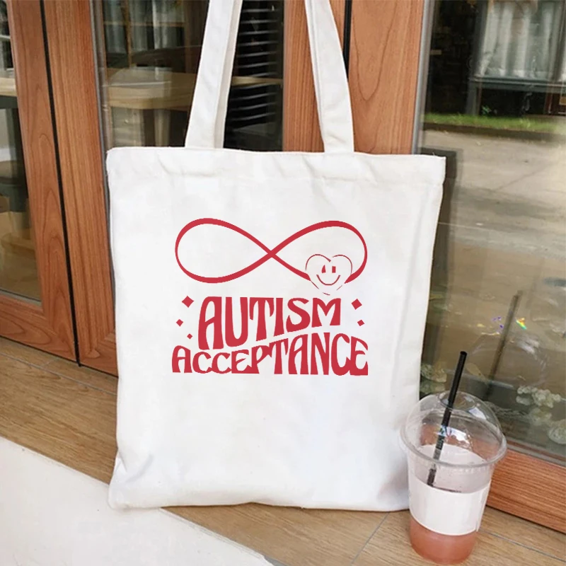 Women's Shoulder Shopping Bag Acceptance Month Canvas Tote Bags Autism Mom Advocate Teacher Large Reusable Supermarket Handbag