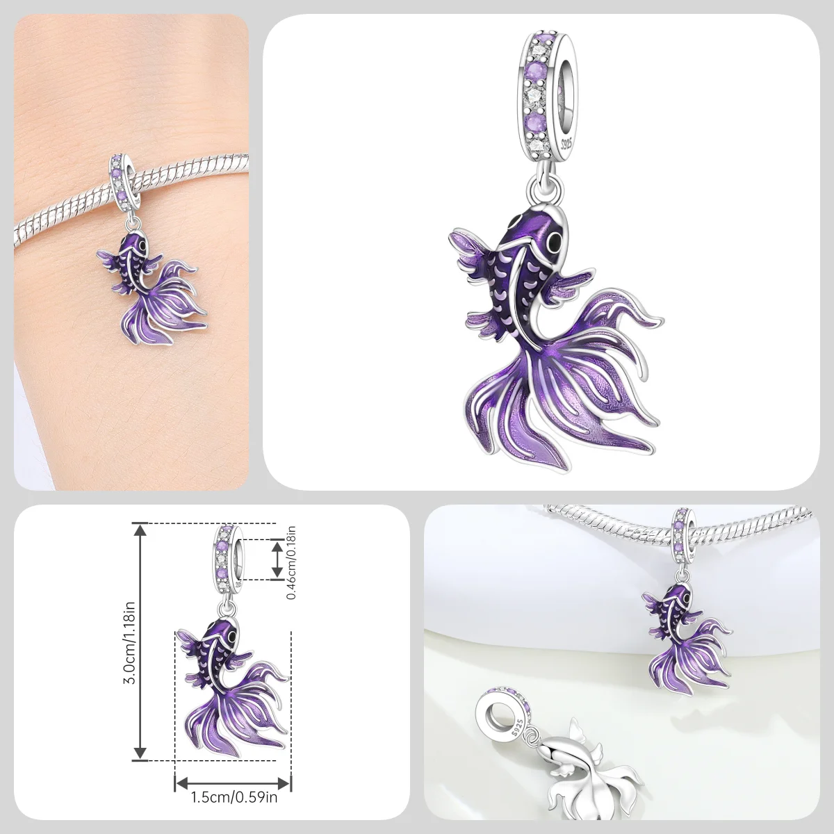 Blauer Charm, 925er Sterlingsilber, Ozeanperlen, Betta-Fisch-Anhänger, Geburtstagsfeier, Geschenk für Frauen, Armband, Halskette, DIY-Perlen, Schmuck – Detail 3