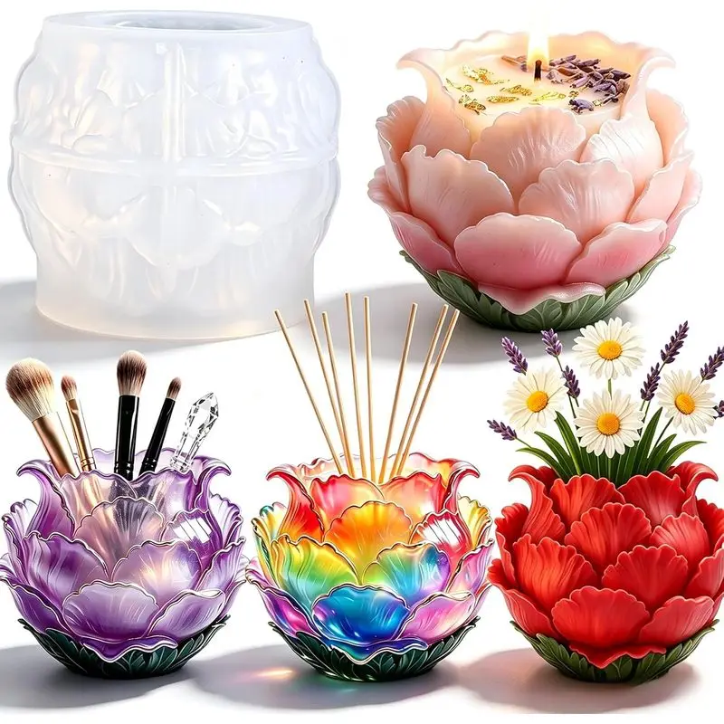 1Piece-packed flower pot mold Silicone resin floral peony relief molding mold，Concrete craftsmanshipDIY、Succulent plant pot、Pen
