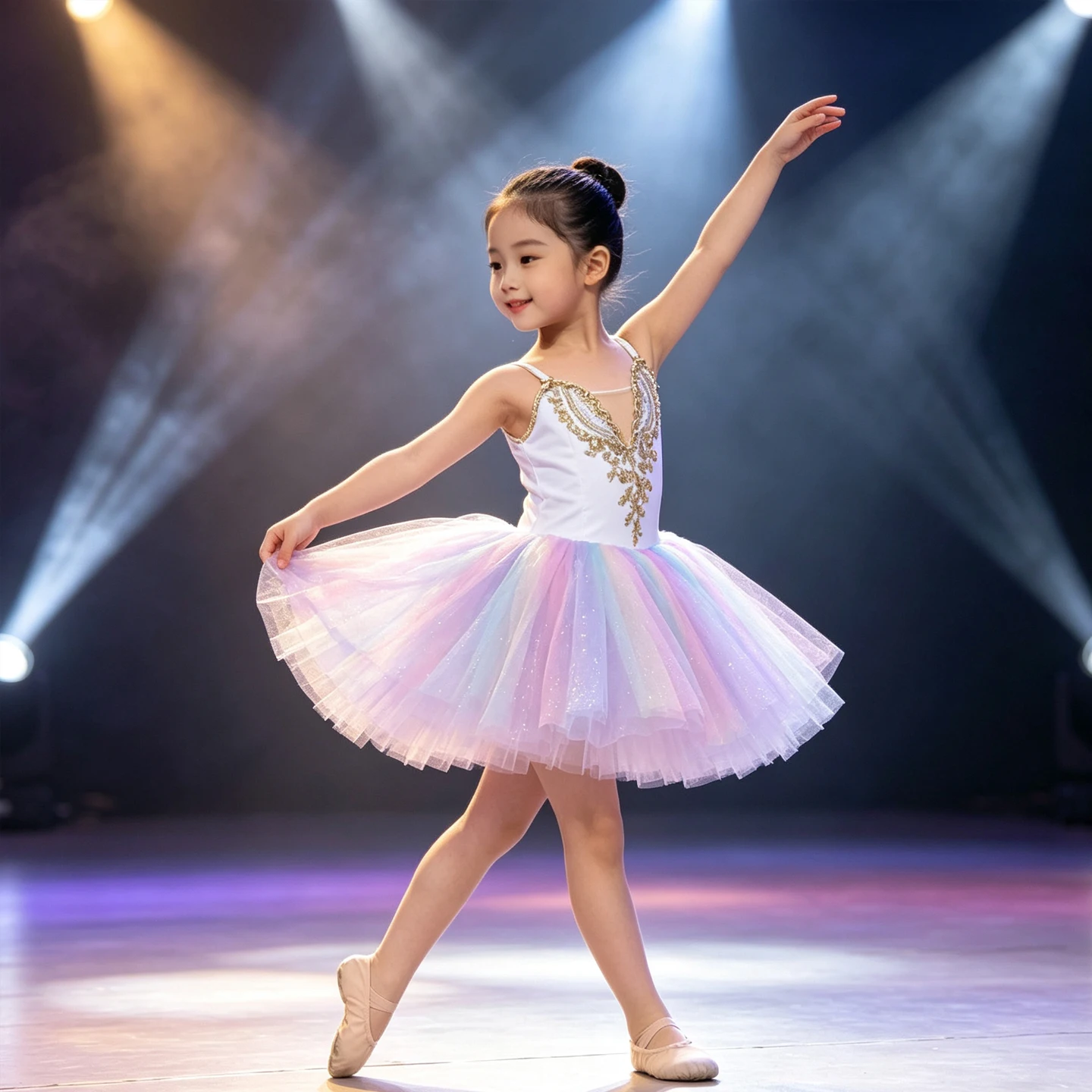 Toddler Girls V‑Neck Ballet Tutu Dress Kids Dance Leotard with Golden Lace Rainbow Tulle Skirt Children Stage Performance Dancew