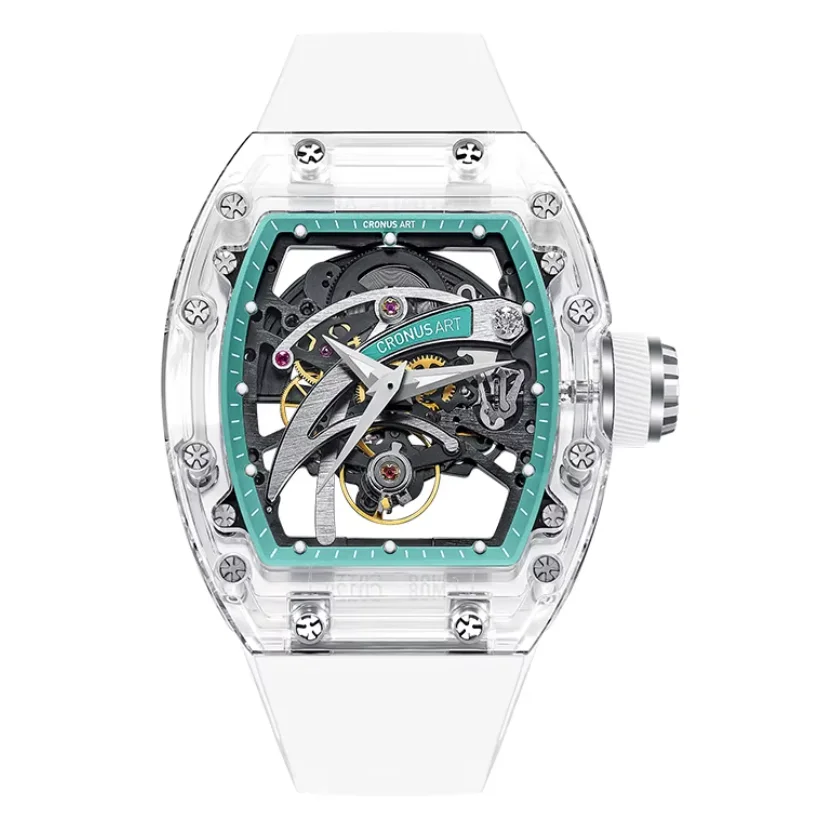 CRONUSART Men Automatic Watch 50mm Tonneau Mechanical Wristwatch Sapphire Case Luminous Skeleton Blade Dial