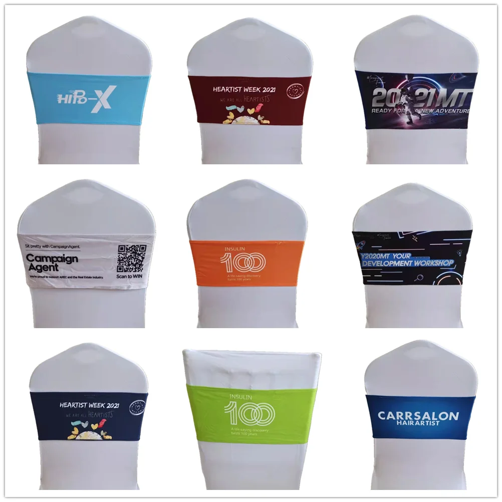 100pcs Digital Print Company Logo Design Advertising Fabric Spandex Chair Band Sashes For Party Hotel Wedding Event Decoration