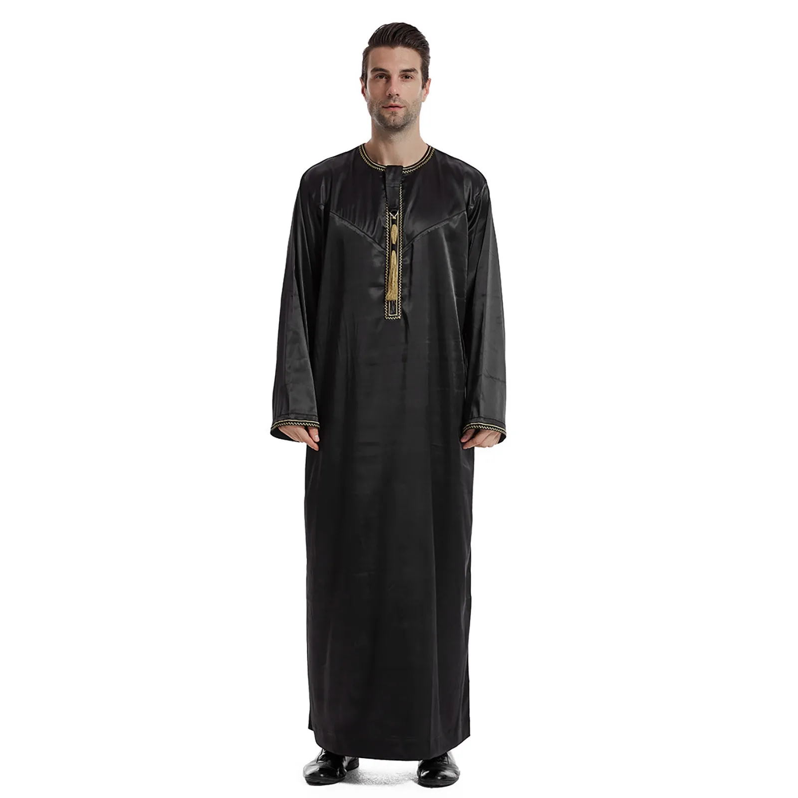 Herren lässige Langarm Robe mit gestickten muslimischen Satin Robe Mode Freizeit Abaya schlanke Robe bestickt solide Herren Muslim