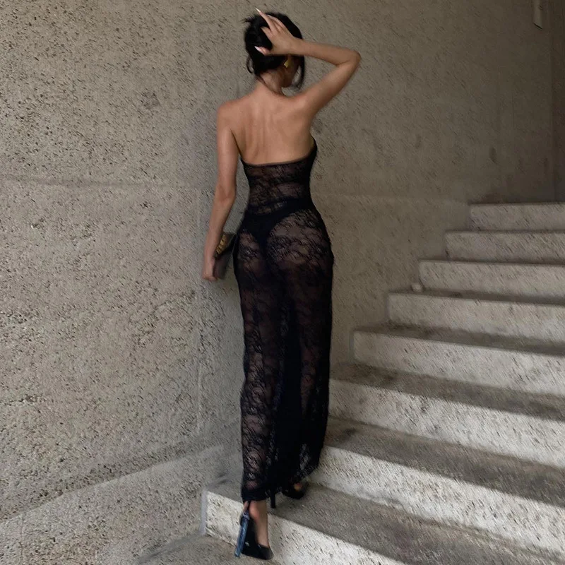 Schwarz sexy Sommer Spitze träger los langes Kleid Mesh Perspektive Knick rücken frei Hüfte Wickel kleid 2024 Urlaub Streetwear Kleidung