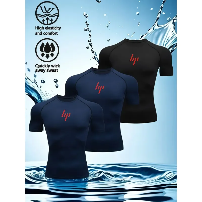 3PCS Men's Compression Shirt with Red Stripe Logo High Elastic Quick Dry Moisture Wicking Breathable Tight Fit Workout Tops for