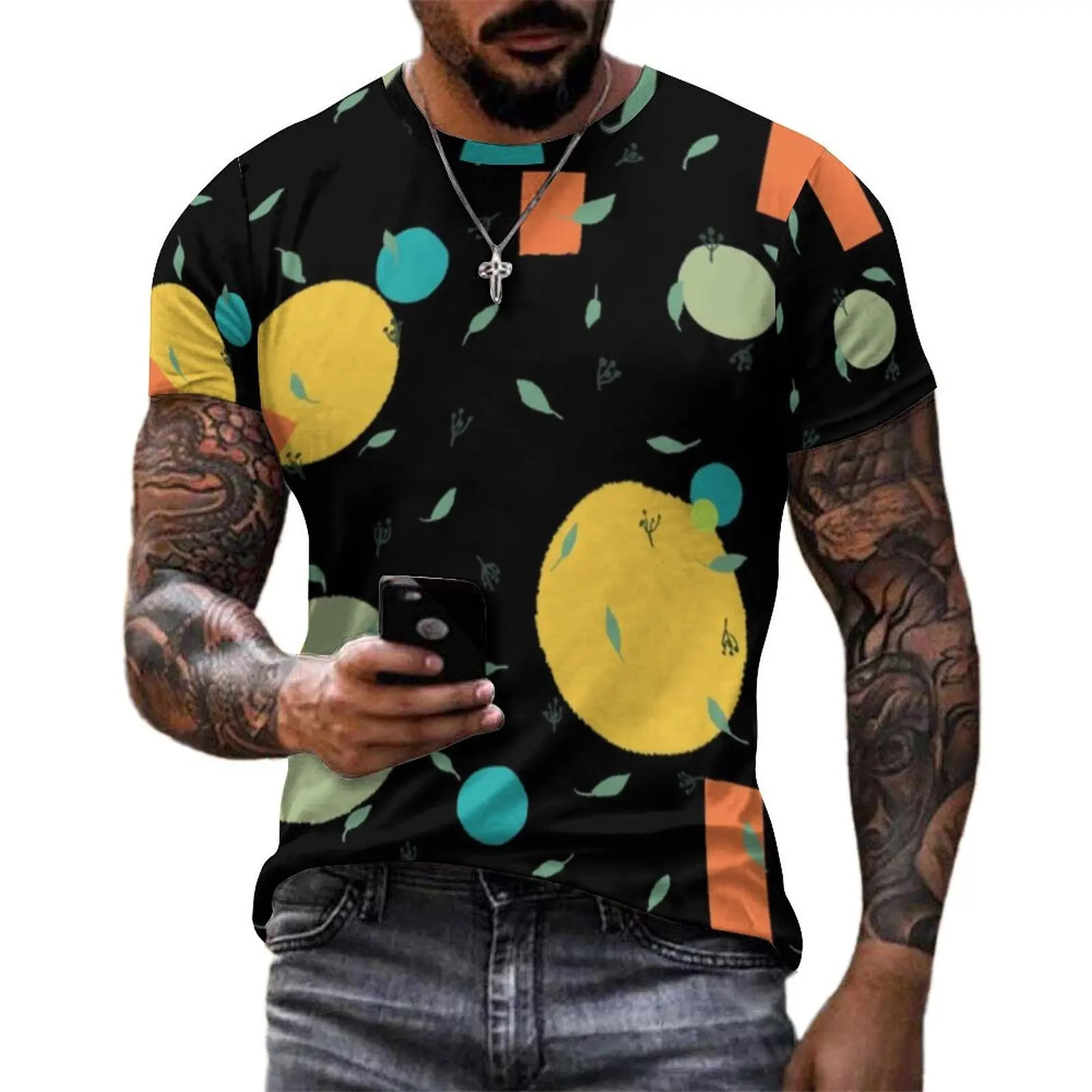 Male Retro Nordic Pattern T-Shirt Leaves Circles Novelty T-Shirts Short Sleeve Design Tshirt Summer Awesome Plus Size Clothes