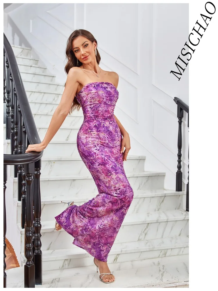 

MISICHAO женское бандо фиолетовое с блестками и цветочной текстурой длинное платье русалки торжественное вечернее платье для выпускного вечера 2026 настраиваемый