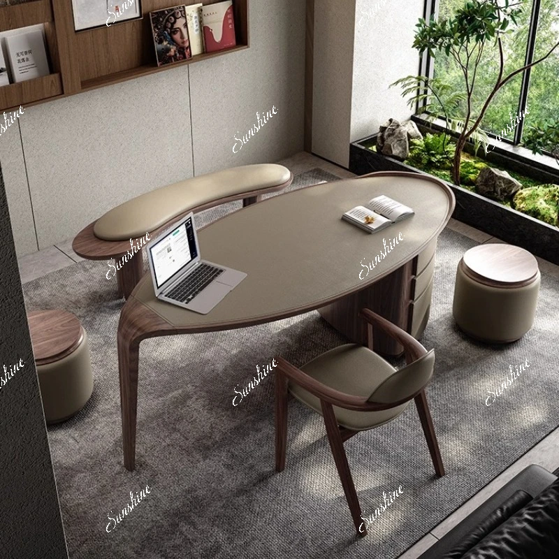Italian minimalist study computer desk saddle leather solid wood desk