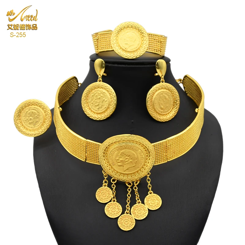 

Ethiopian Jewelry Set For Women Wedding Nigerian Necklace And Earing African Choker 24K Gold Plated Indian Bridal Coin Jewellery