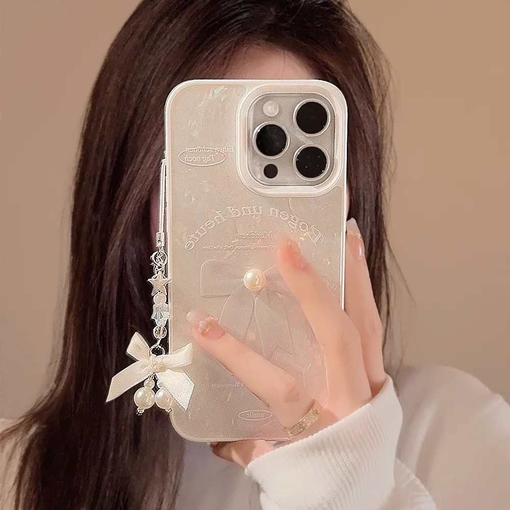 Cute White Bow Phone Case For iPhone 15 14 13 12 11 Pro Max Hanging Silicone Shockproof Bumper Cover 3D Three-dimensional Pearl