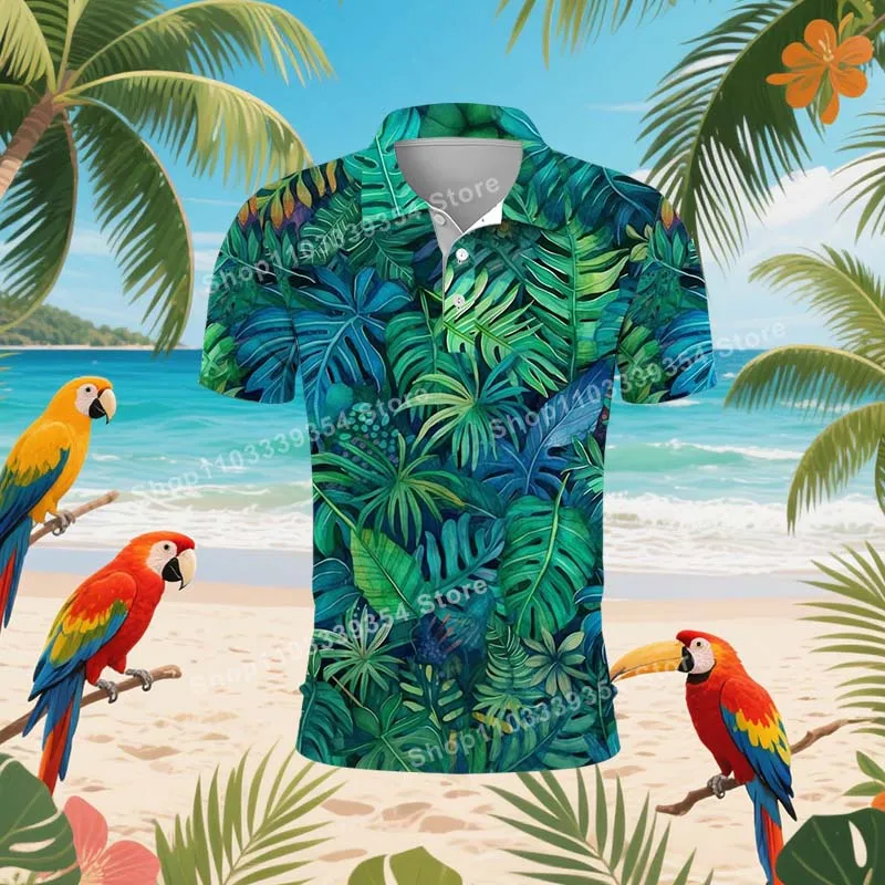 

Hawaiian Beach Coconut Trees flamingo Polo Shirt For Men Summer 3D Print Leaves Short Sleeve Golf Polo Shirts Street T Shirt