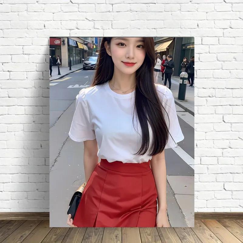 2D Metal Tin Sign, Vintage White T-Shirt & Red Skirt, Korean Girl Style, City Street Cafe Wall Decor, Clothing Shop Plaque