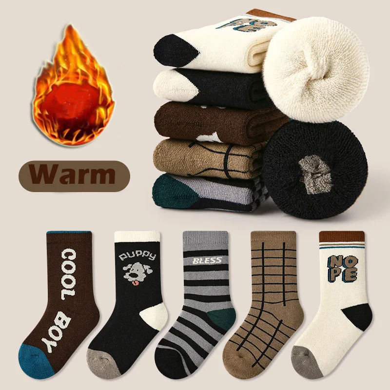 

5 Pairs Boys Winter Socks Warm Sock Children Thickened Cotton Calf Socks Letter Pattern Baby Infant Thermal Socks