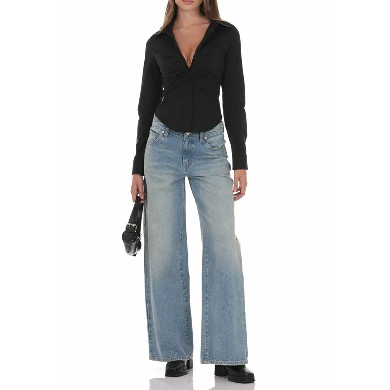 Combhasaki Vrouwen Effen Kleur Cleanfit Shirt Lange Mouw Button-down Revers Turkse Geplooide Ruches Buste Slanke Elegante Blouse tops