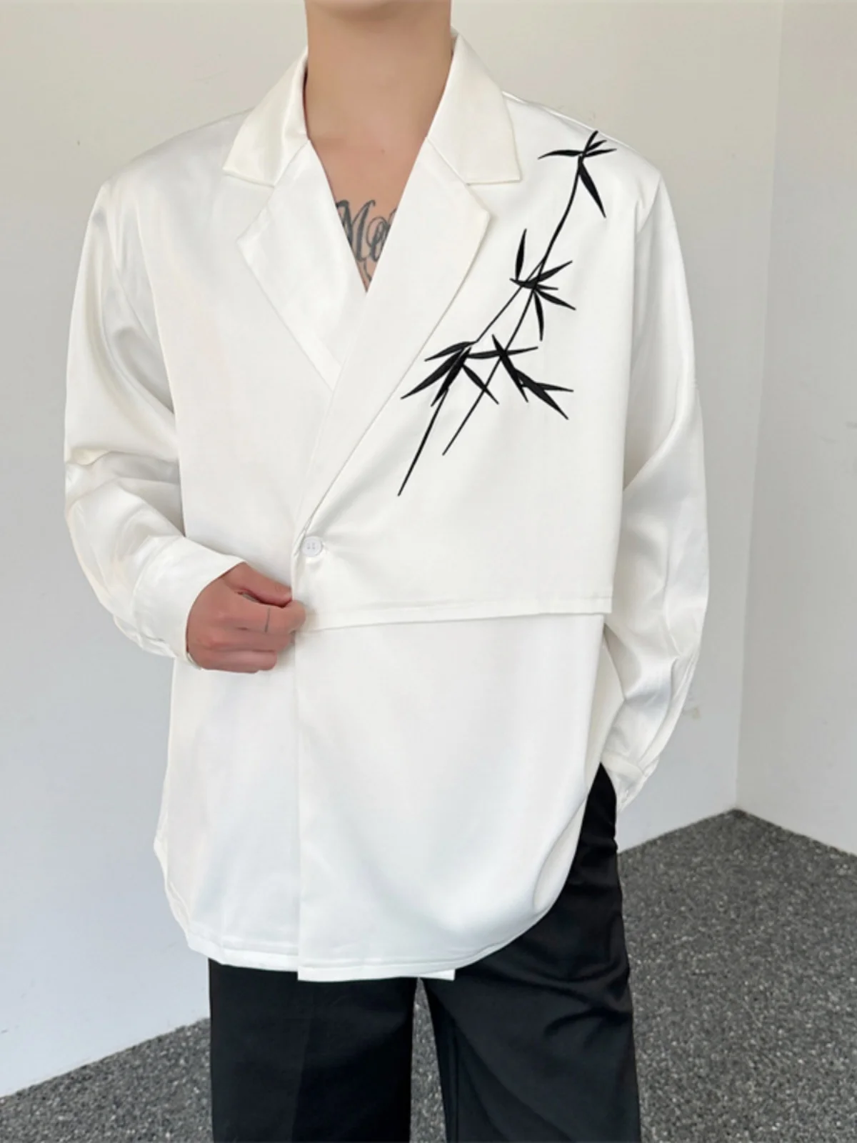 

New Chinese Sle Embroidered Bamboo Design Long Sve irt Men's Loose Fitting Suit Sle Bamboo irt Youth Faion