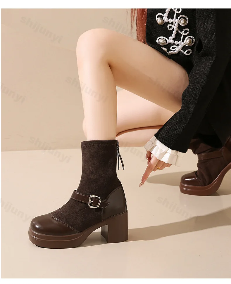Women Suede Autumn Winter High Heel Boots Height Increasing Metal Buckle Party Shoes Round Head Splicing Chunky Heels Boots image 6