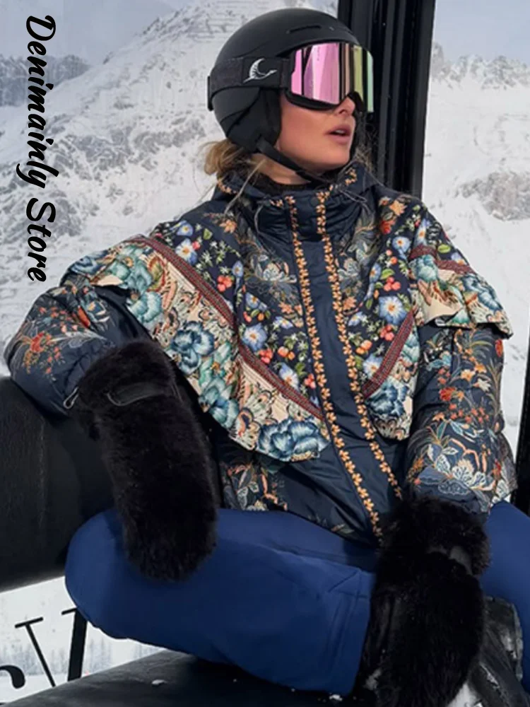 Vintage Women's Floral Printed Jacket Loose Ruffle Hooded Full Sleeve Zipper Ski Padded Coats Female 2026 Winter Lady Outwear