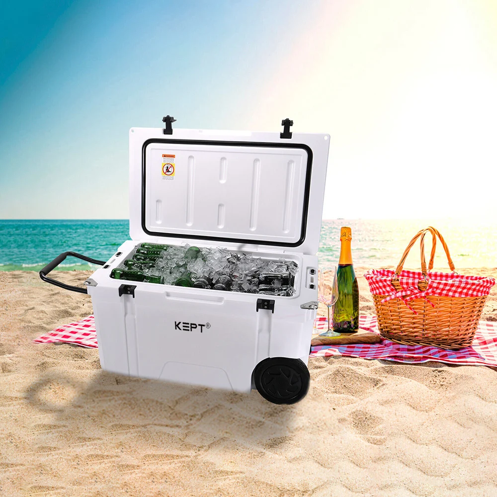 Wholesale 65qt Large LLDPE Hard Rotomolded Cooler with Wheels Portable PE Picnic Food Ice Chest for Wine Customizable Logo