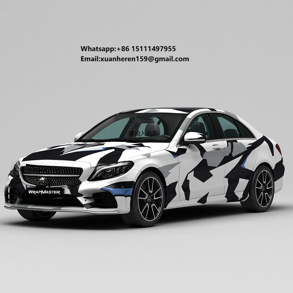 WRAPMASTER 1.52*20m Black and White Camo Pattern Customized Vehicle Wraps PET Color Changing Car Wrap Vinyl Sticker Film
